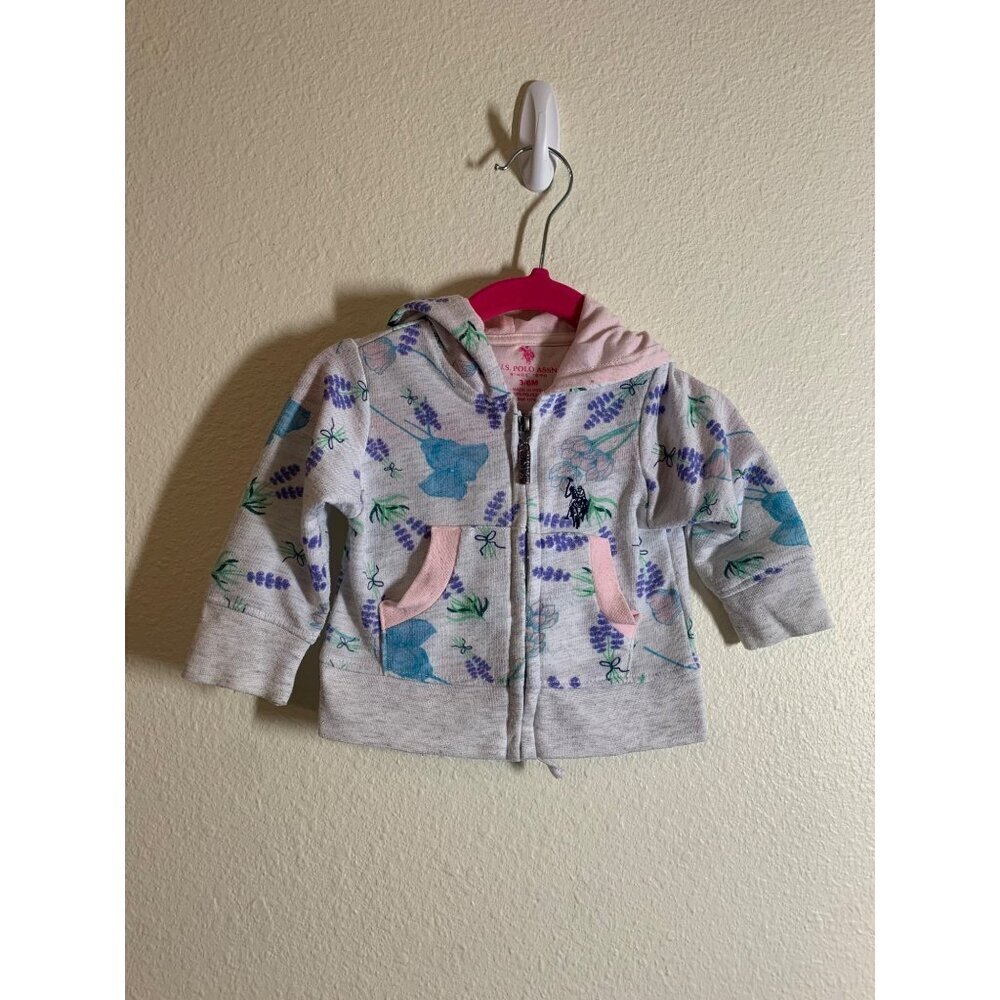 US Polo Assn Flower Print Hoodie Baby Girls Size 3-6 Months Gray AC1